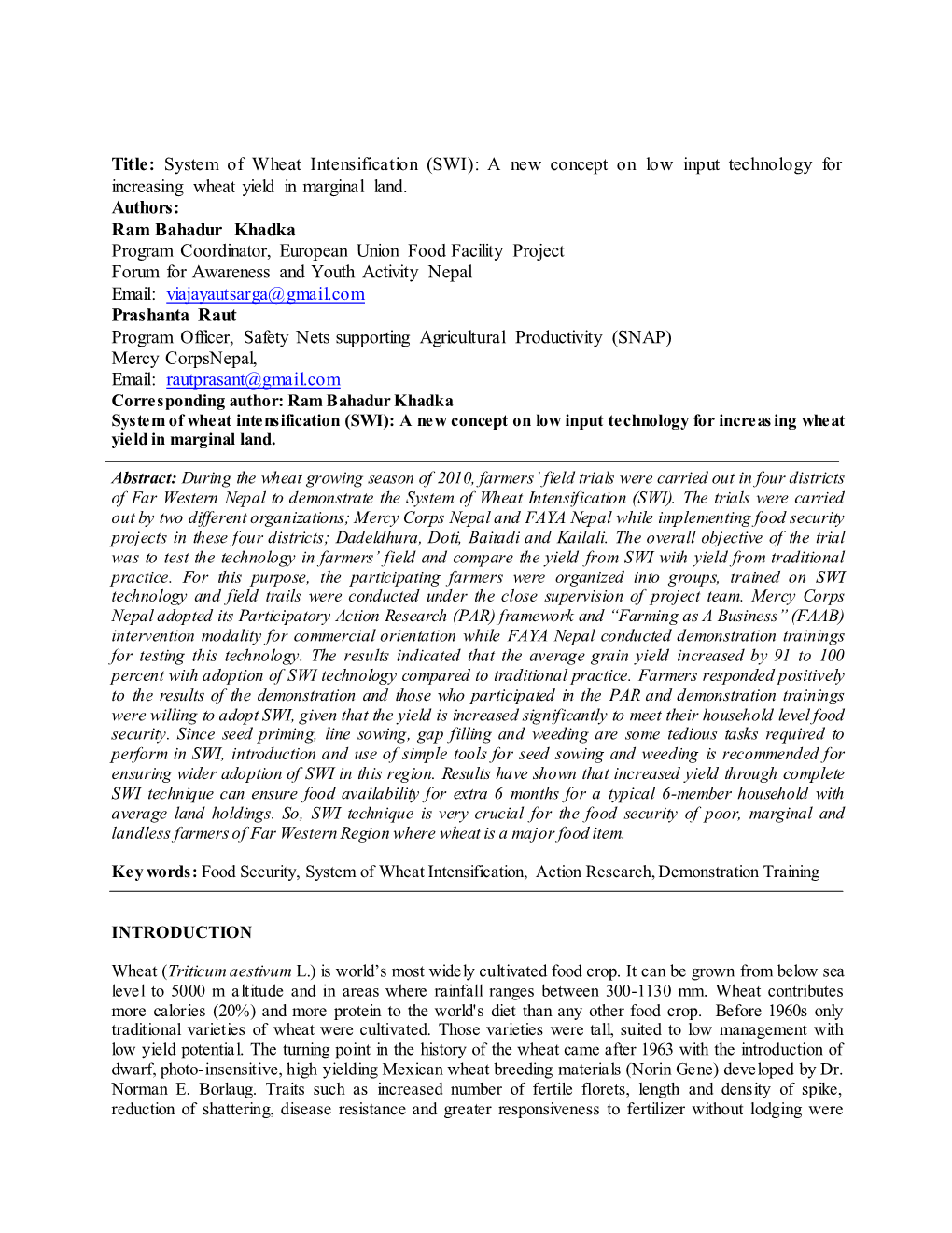 (SWI): a New Concept on Low Input Technology for Increasing Wheat Yield in Marginal Land