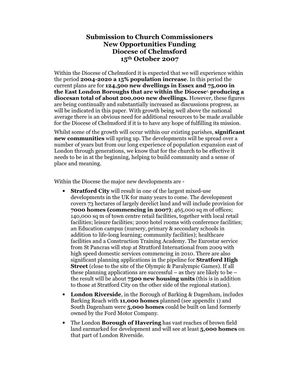 Submission to Church Commissioners New Opportunities Funding Diocese of Chelmsford 15 Th October 2007