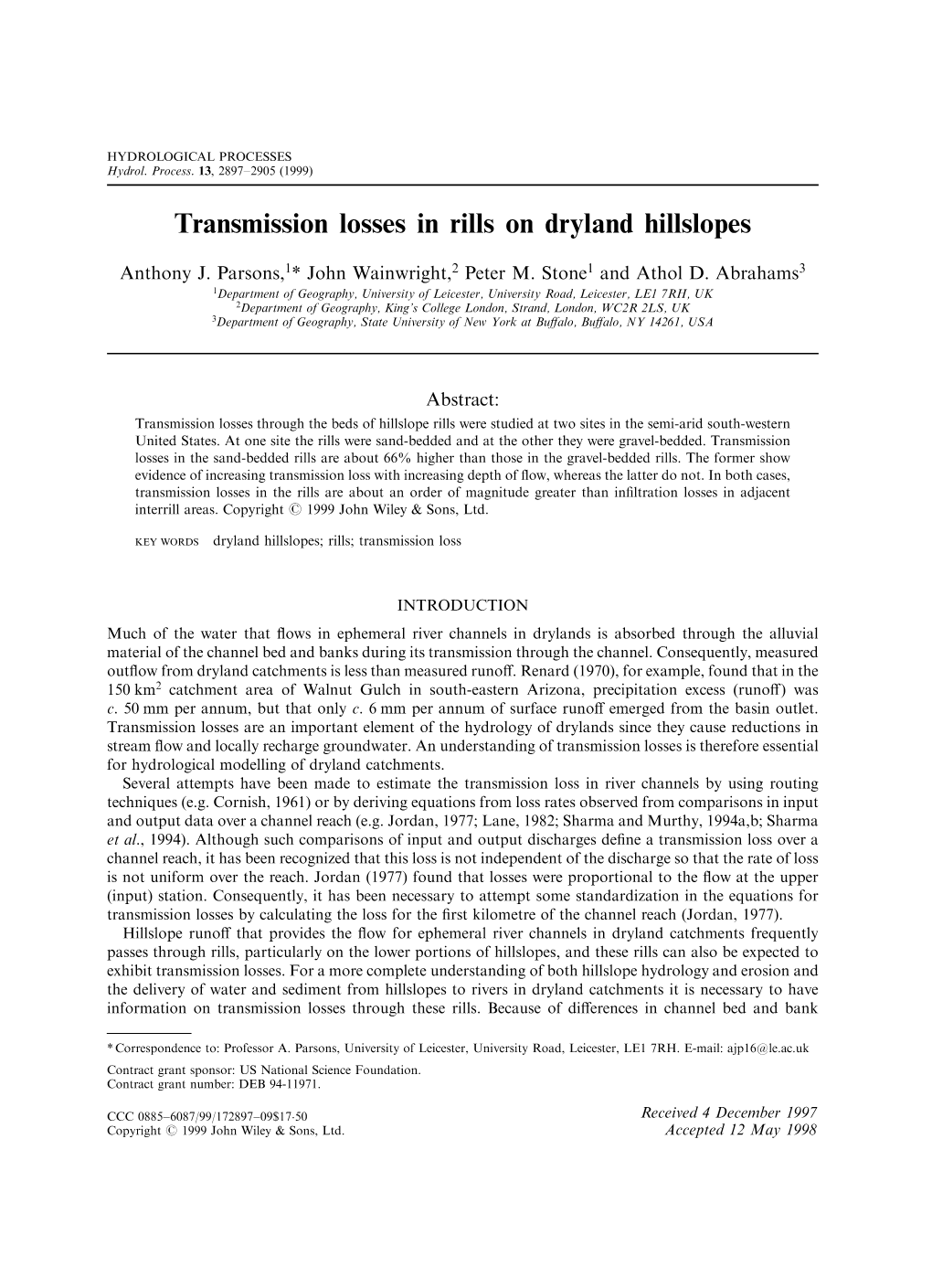 Transmission Losses in Rills on Dryland Hillslopes