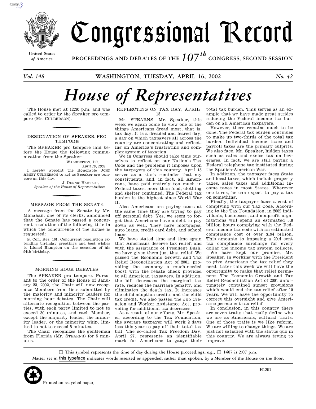 Congressional Record United States Th of America PROCEEDINGS and DEBATES of the 107 CONGRESS, SECOND SESSION