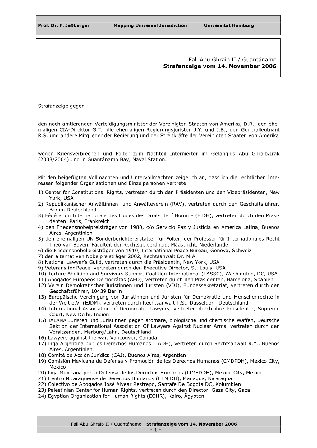 Fall Abu Ghraib II / Guantánamo Strafanzeige Vom 14. November 2006