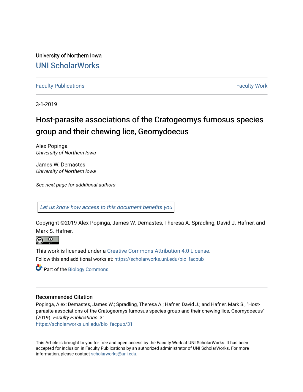 Host-Parasite Associations of the Cratogeomys Fumosus Species Group and Their Chewing Lice, Geomydoecus