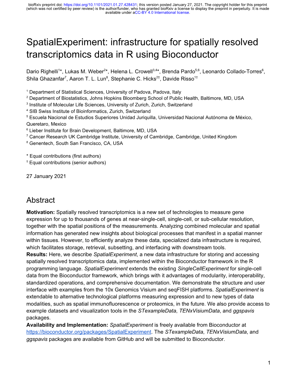 Infrastructure for Spatially Resolved Transcriptomics Data in R Using Bioconductor