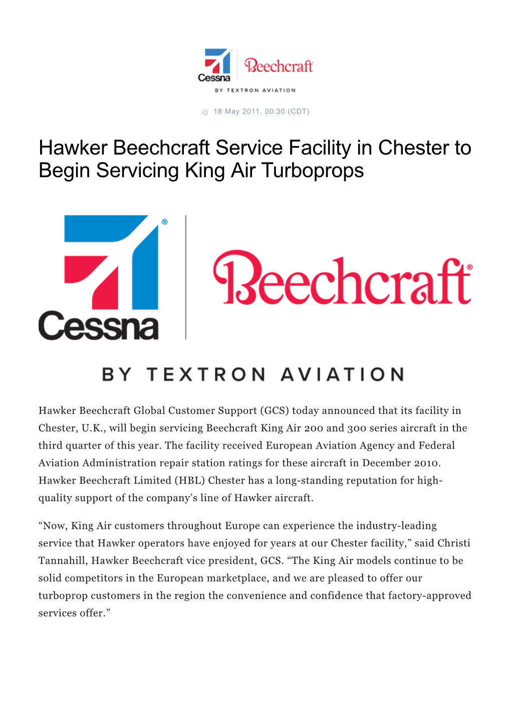 Hawker Beechcraft Service Facility in Chester to Begin Servicing King Air Turboprops