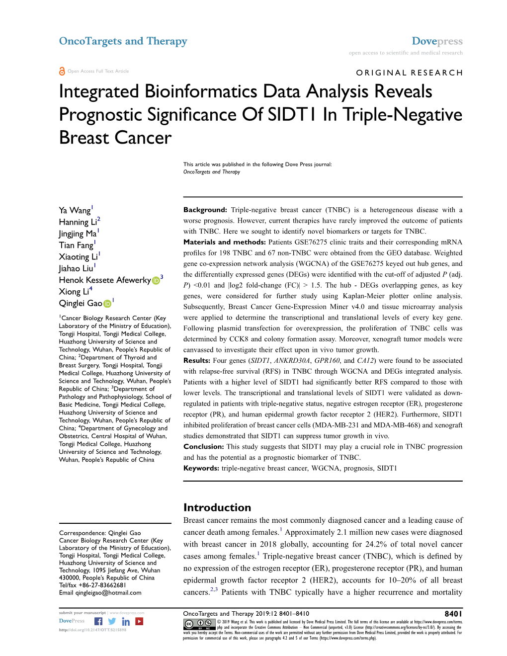 Integrated Bioinformatics Data Analysis Reveals Prognostic Signiﬁcance of SIDT1 in Triple-Negative Breast Cancer