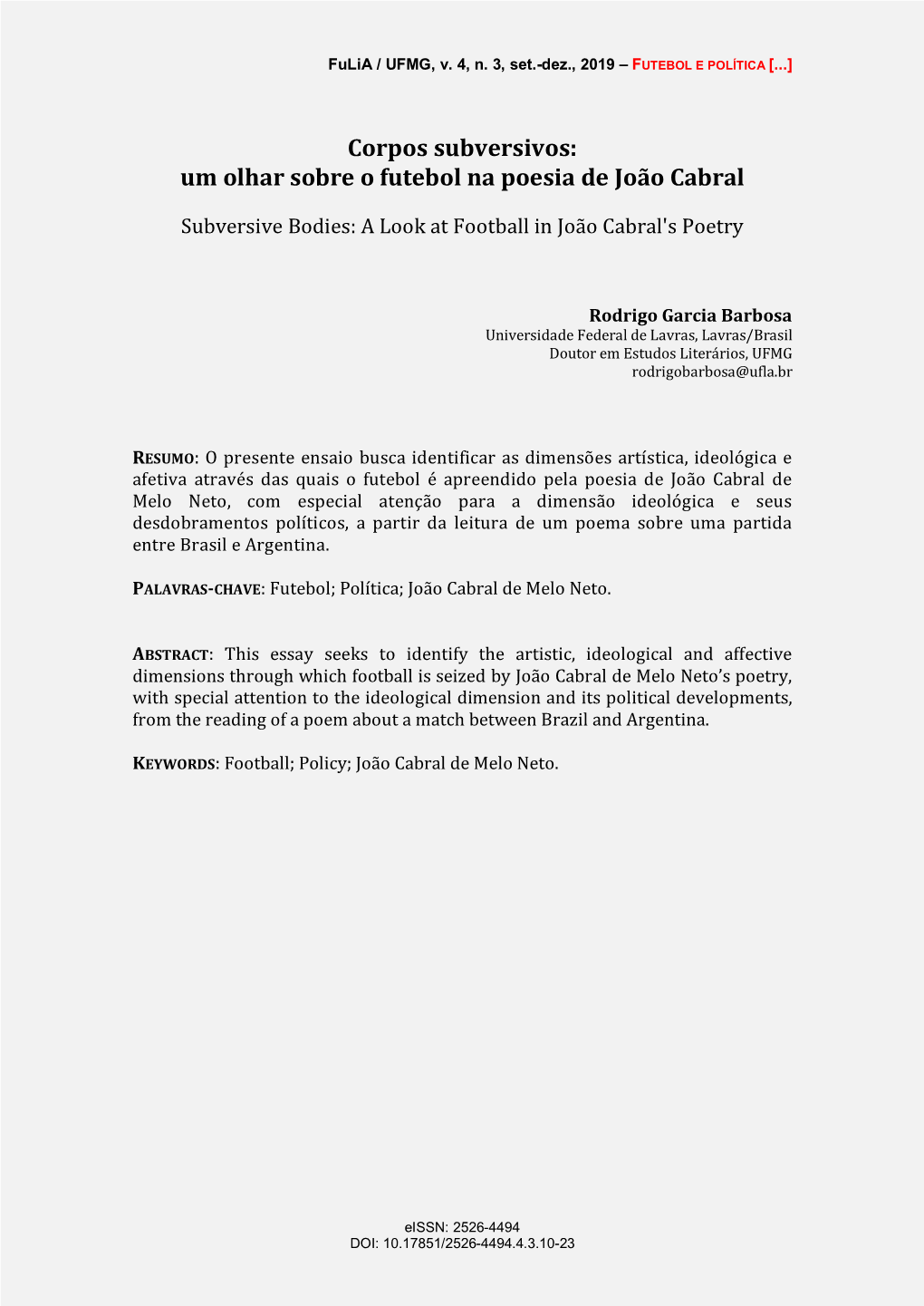 Corpos Subversivos: Um Olhar Sobre O Futebol Na Poesia De João Cabral