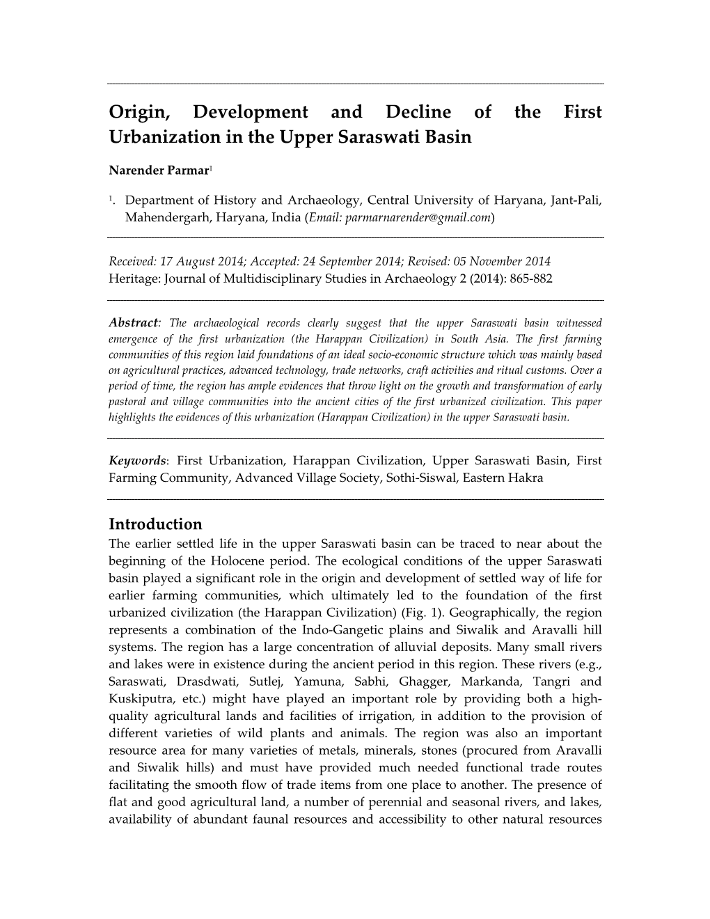 Origin, Development and Decline of the First Urbanization in the Upper Saraswati Basin