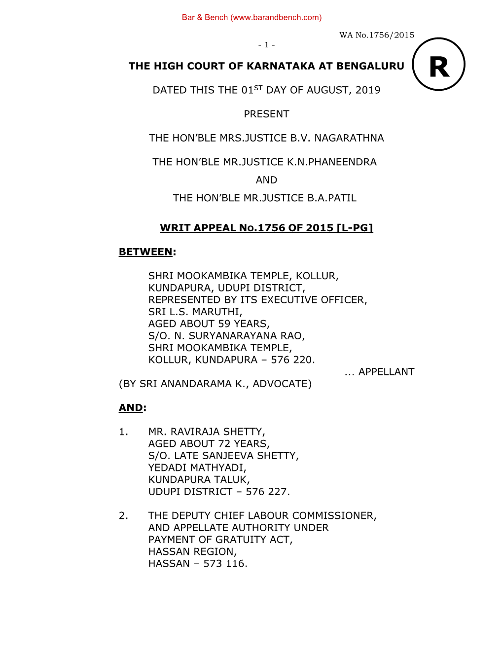 The High Court of Karnataka at Bengaluru R Dated This the 01St Day of August, 2019