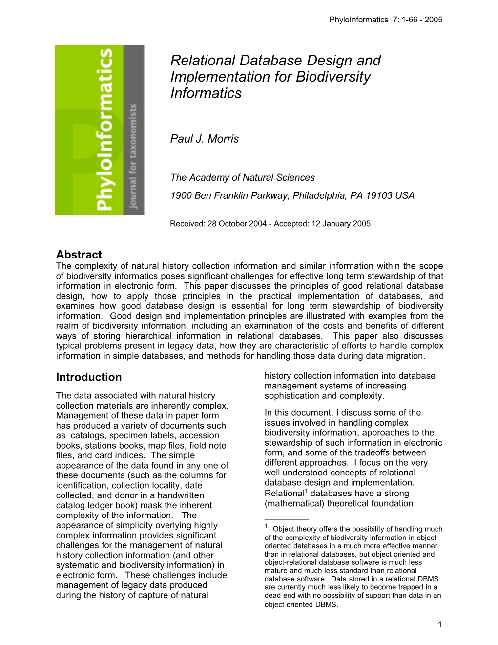 Relational Database Design and Implementation for Biodiversity Informatics