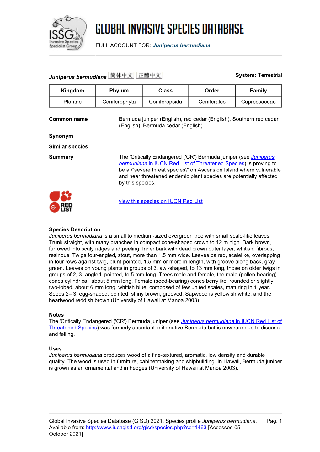 Juniperus Bermudiana Global Invasive Species Database (GISD)