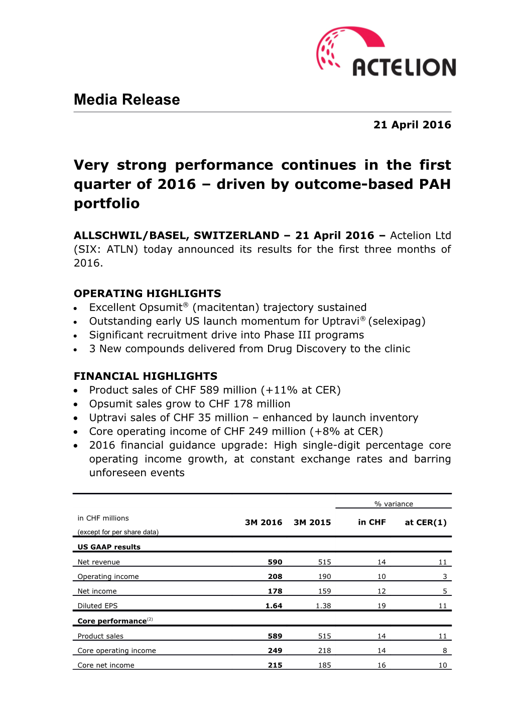 Very Strong Performance Continues in the First Quarter of 2016 Driven by Outcome-Based