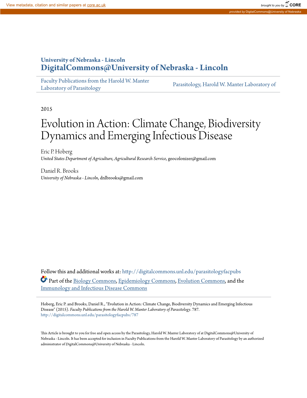 Climate Change, Biodiversity Dynamics and Emerging Infectious Disease Eric P