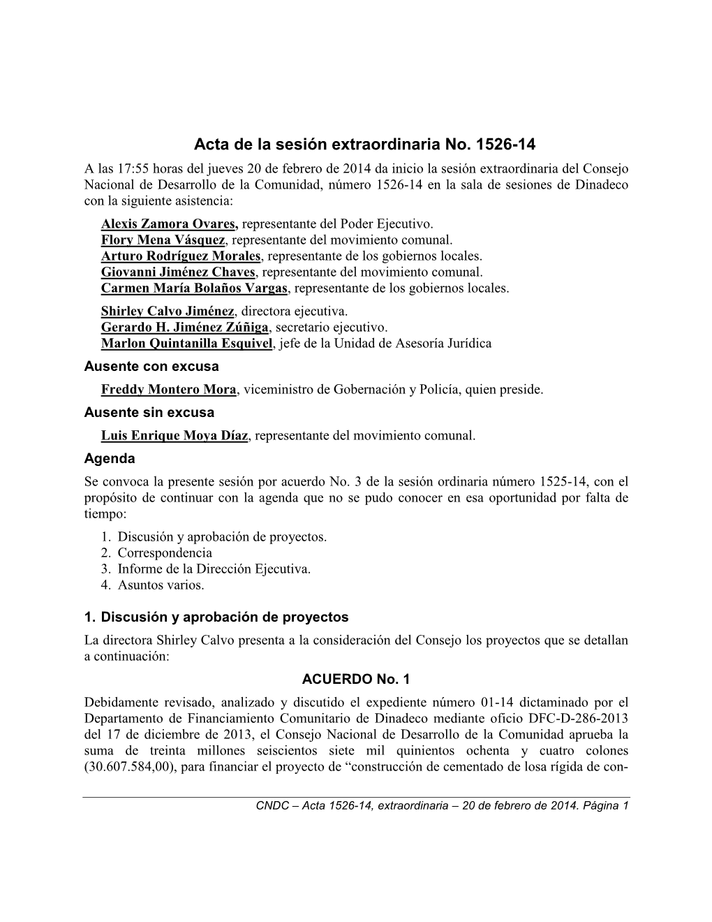 Acta De La Sesión Extraordinaria No. 1526-14