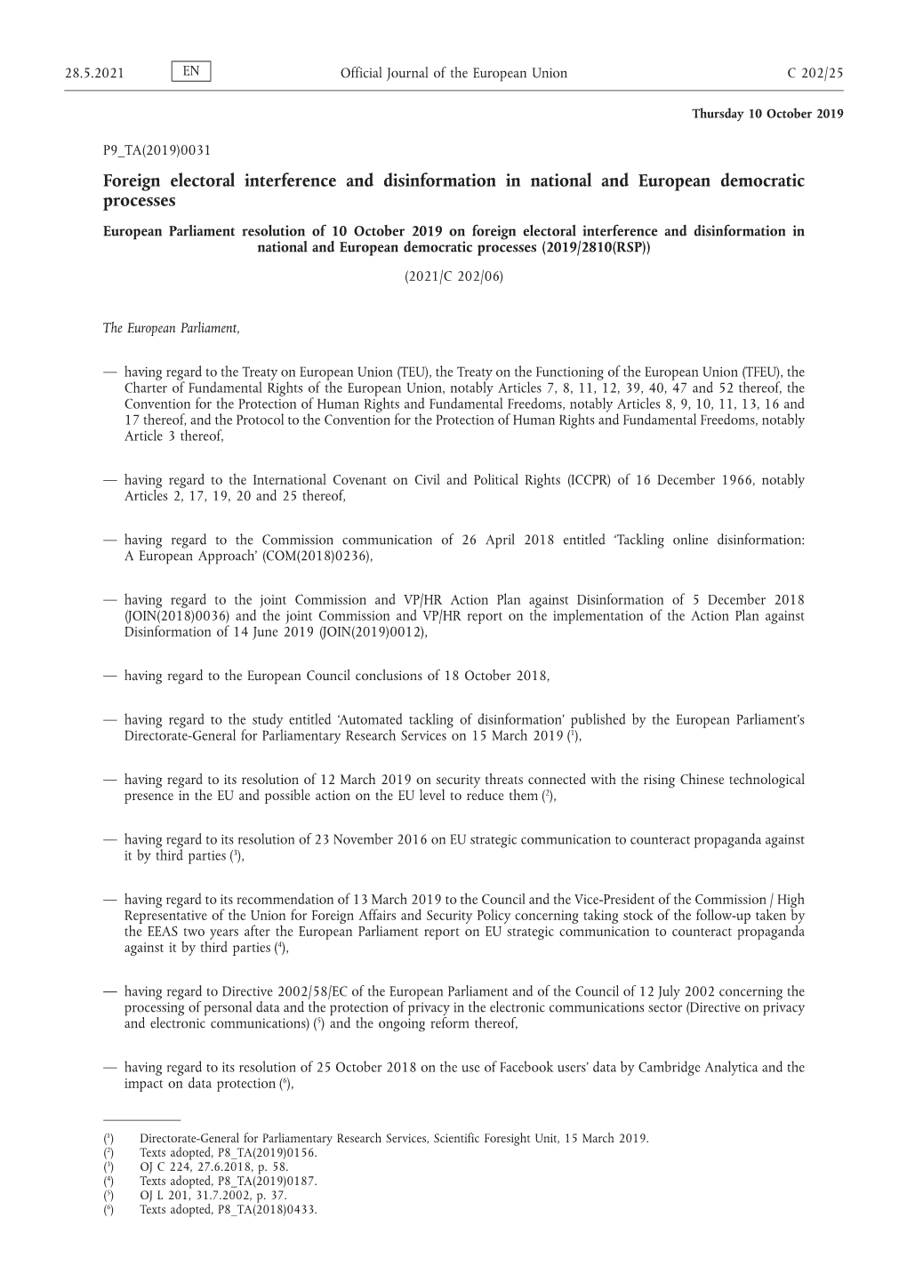 European Parliament Resolution of 10 October 2019 on Foreign Electoral