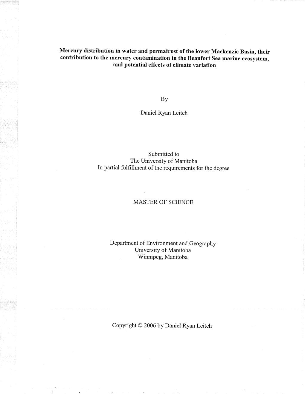 Mercury Distribution in Water and Permafrost of the Lower Mackenzie