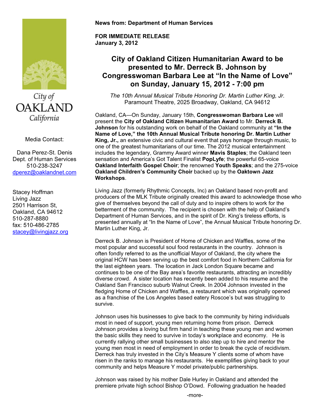 City of Oakland Citizen Humanitarian Award to Be Presented to Mr