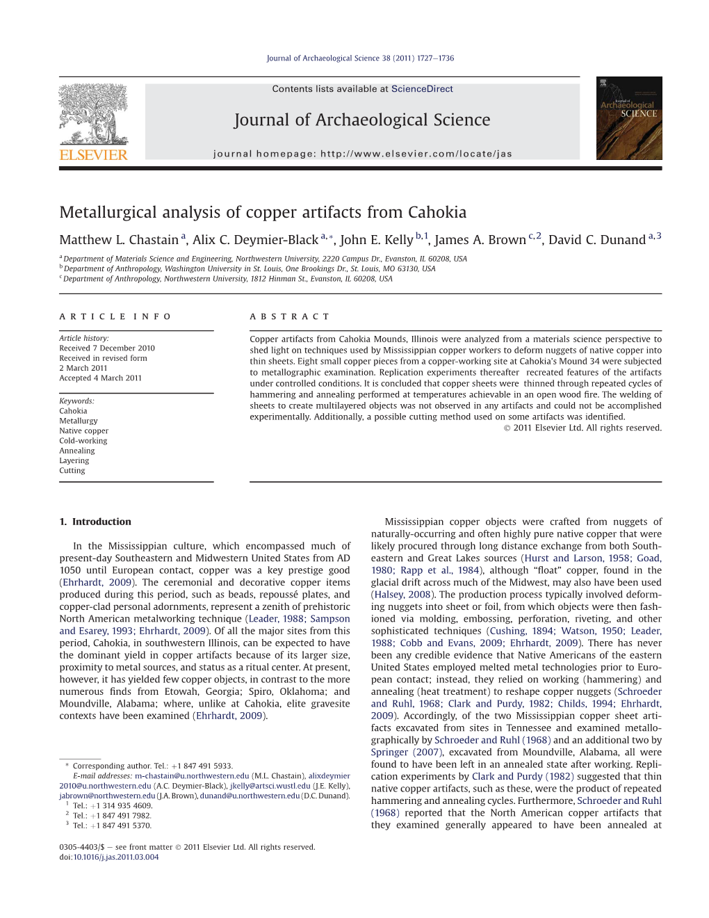 Metallurgical Analysis of Copper Artifacts from Cahokia