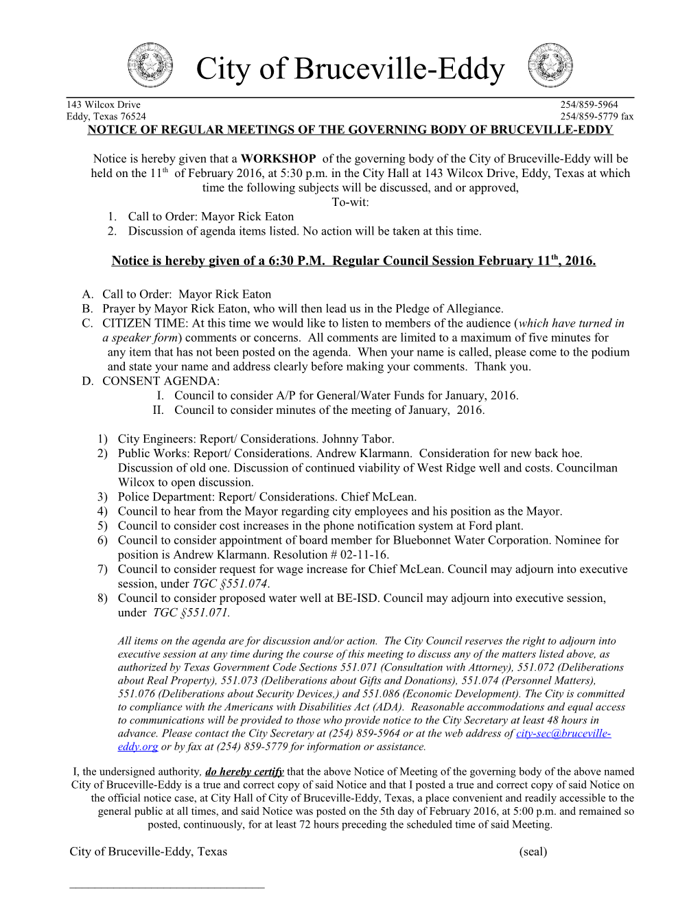 Notice of Regular Meetings of the Governing Body of Bruceville-Eddy