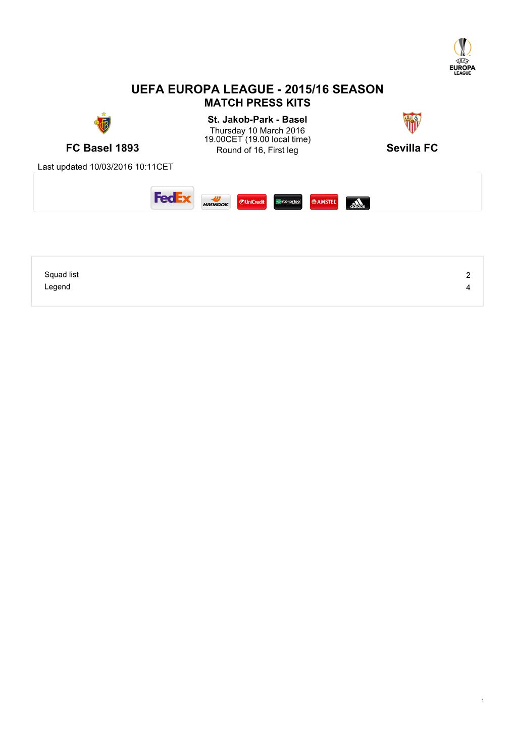 UEFA EUROPA LEAGUE - 2015/16 SEASON MATCH PRESS KITS St