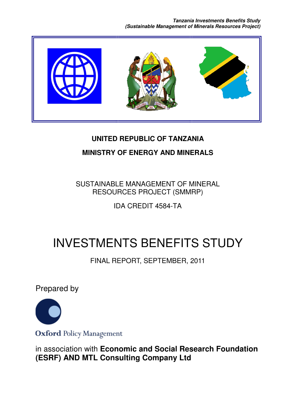 Investments Benefits Study (Sustainable Management of Minerals Resources Project)