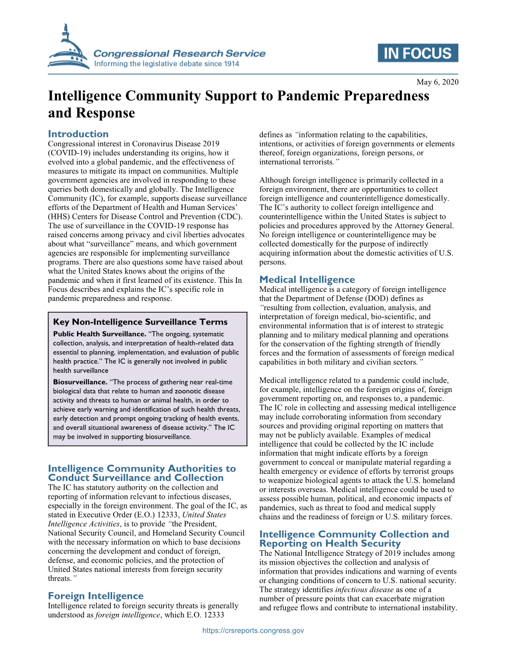 Intelligence Community Support to Pandemic Preparedness and Response