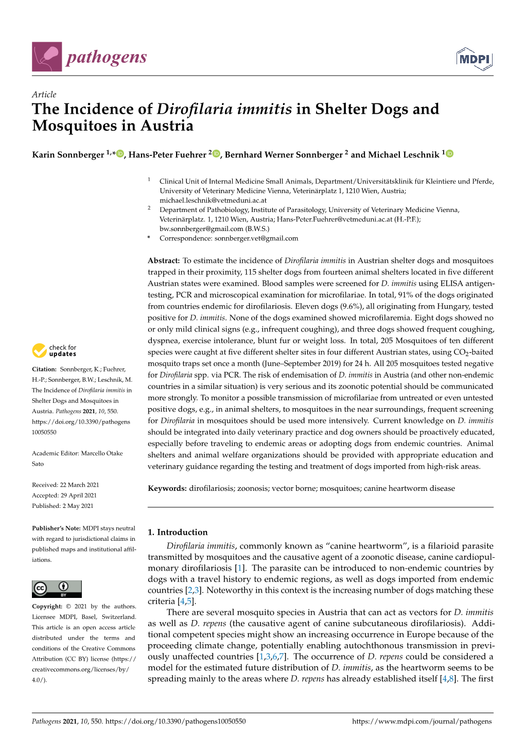 The Incidence of Dirofilaria Immitis in Shelter Dogs and Mosquitoes In