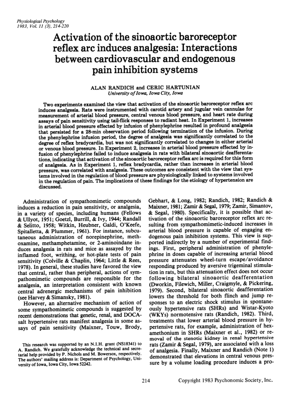 Activation of the Sinoaortic Baroreceptor Reflex Arc Induces Analgesia: Interactions Between Cardiovascular and Endogenous Pain Inhibition Systems