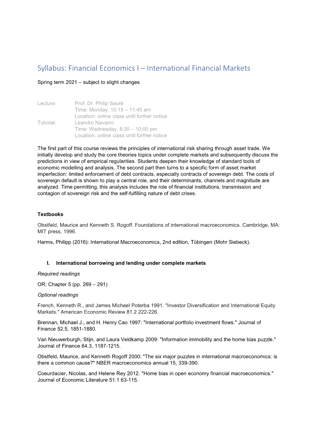 Syllabus: Financial Economics I – International Financial Markets