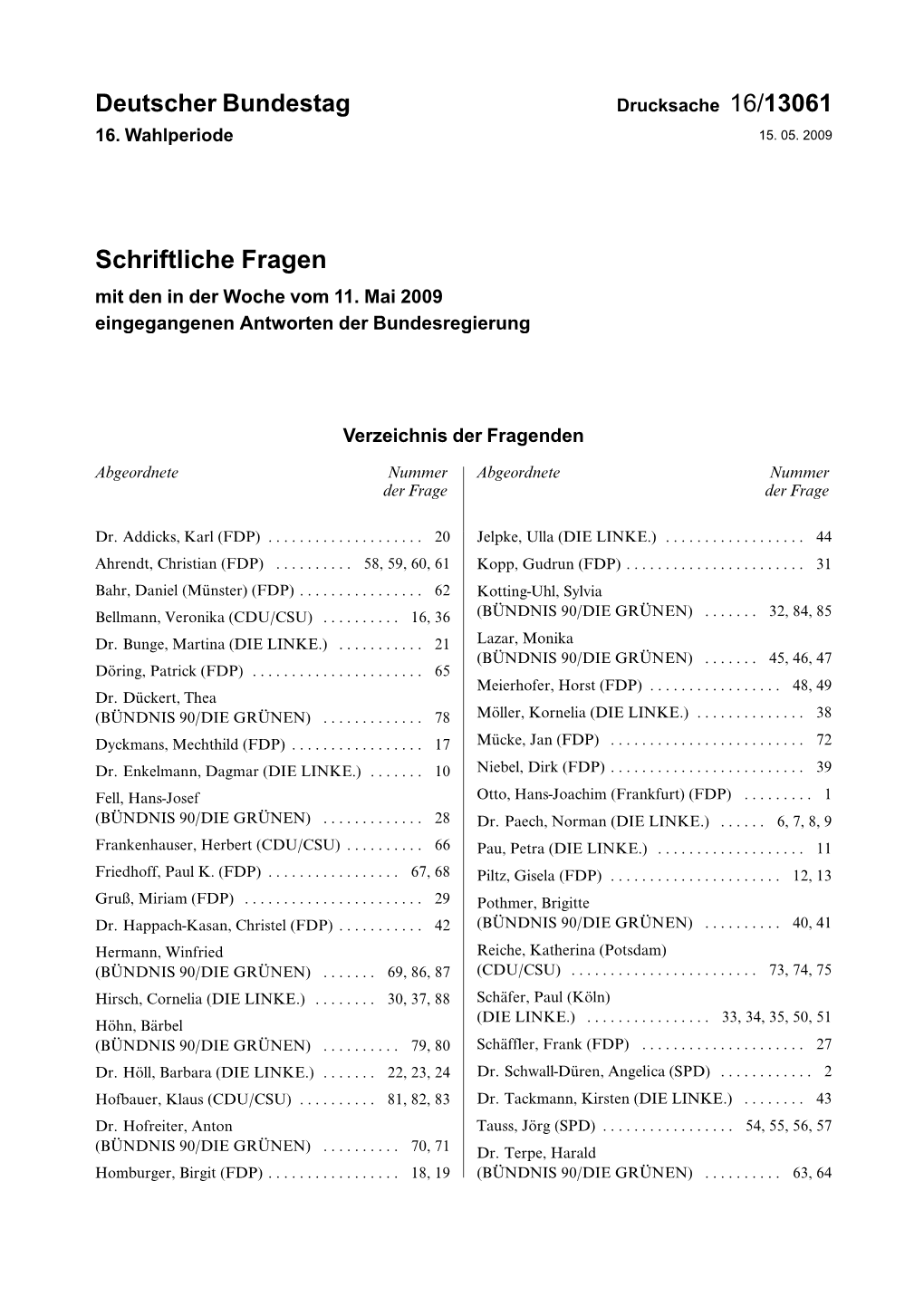 Schriftliche Fragen Mit Den in Der Woche Vom 11