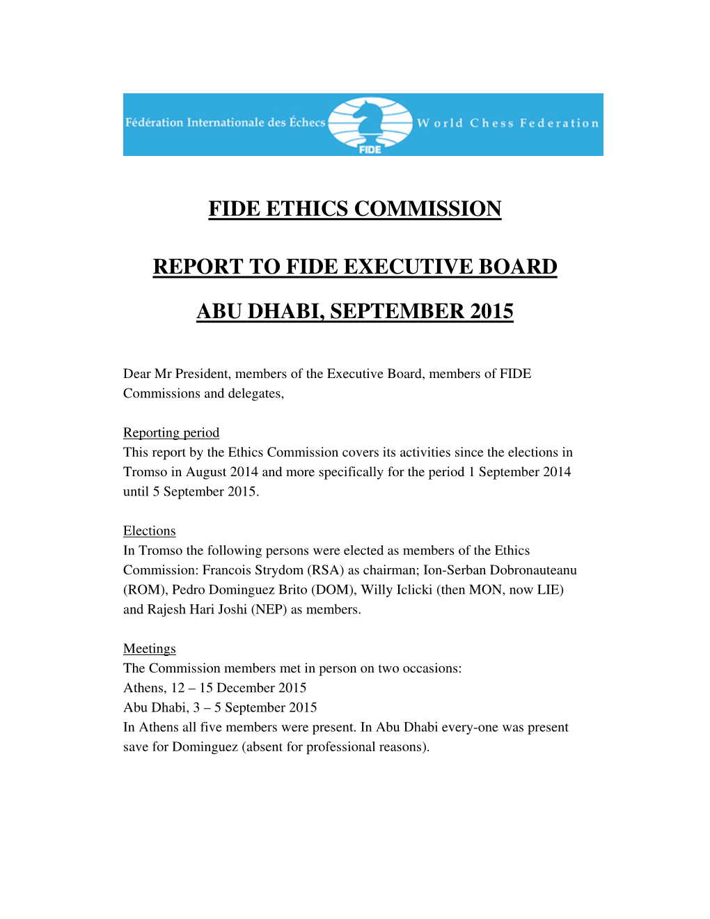 Fide Ethics Commission Report to Fide Executive Board Abu