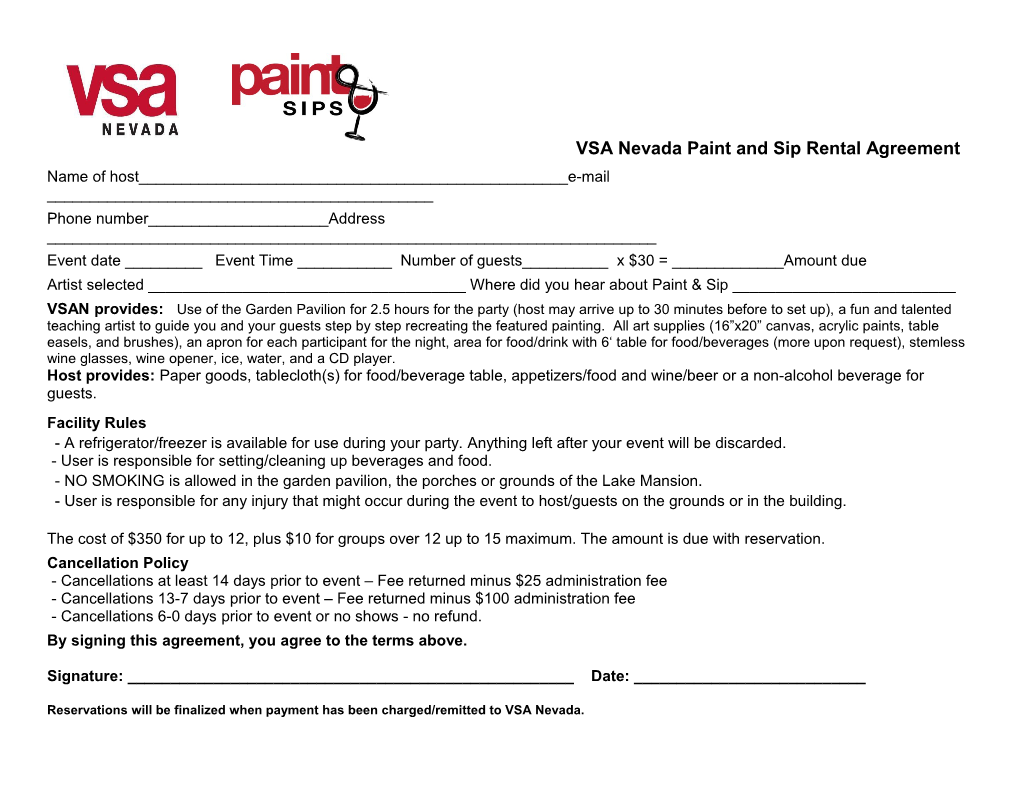 VSA Nevada Paint and Sip Rental Agreement