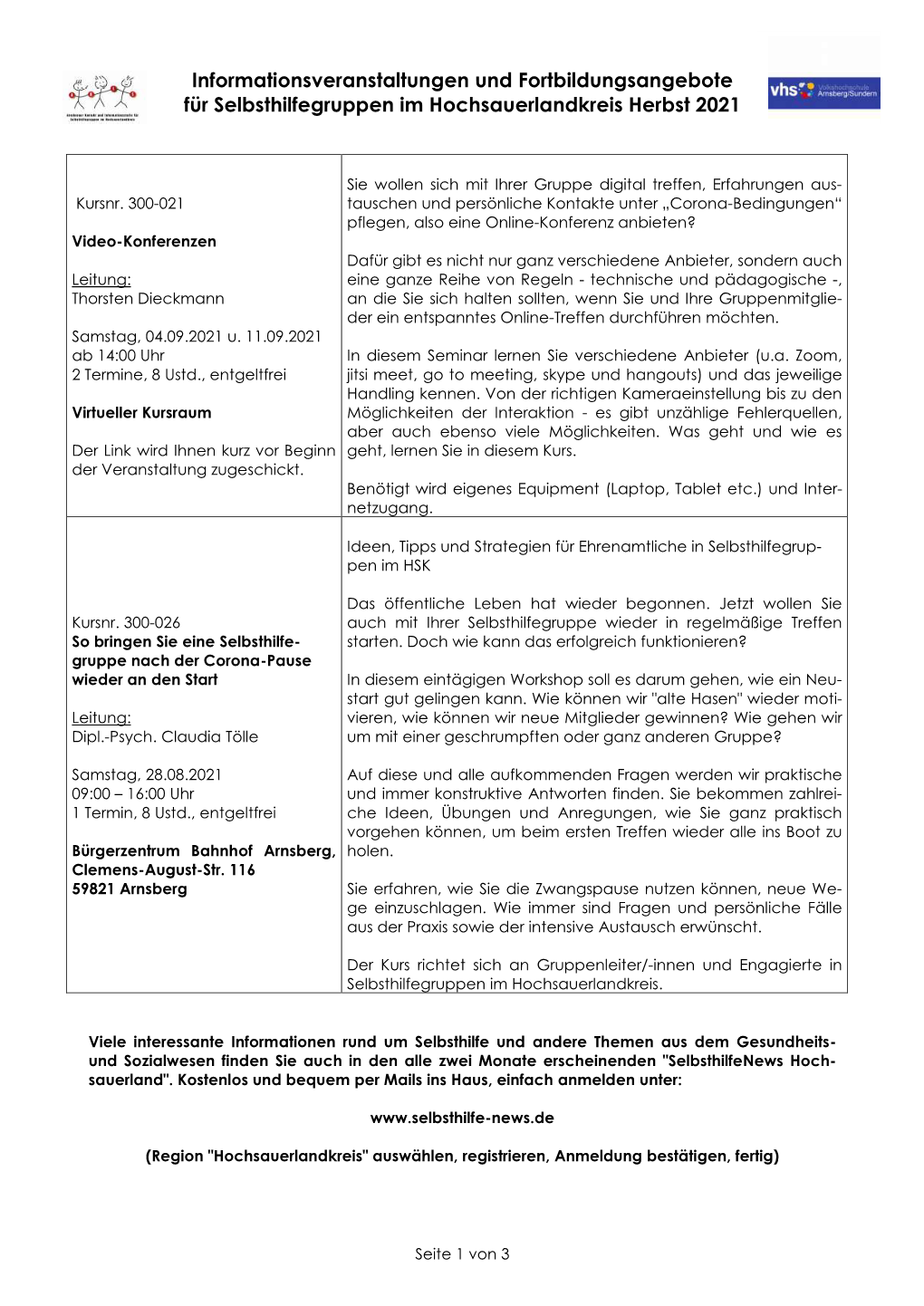 Informationsveranstaltungen Und Fortbildungsangebote Für Selbsthilfegruppen Im Hochsauerlandkreis Herbst 2021