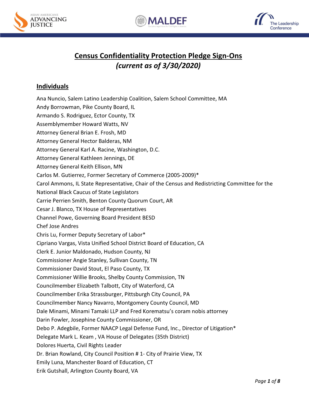 Census Confidentiality Protection Pledge Sign-Ons (Current As of 3/30/2020)