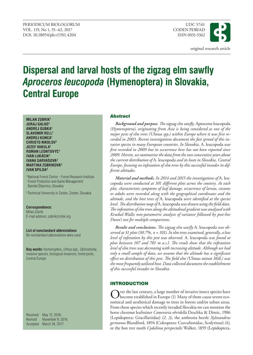 Dispersal and Larval Hosts of the Zigzag Elm Sawfly Aproceros Leucopoda (Hymenoptera) in Slovakia, Central Europe