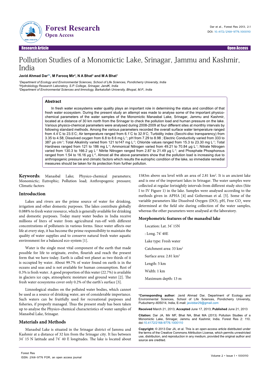 Pollution Studies of a Monomictic Lake, Srinagar, Jammu And