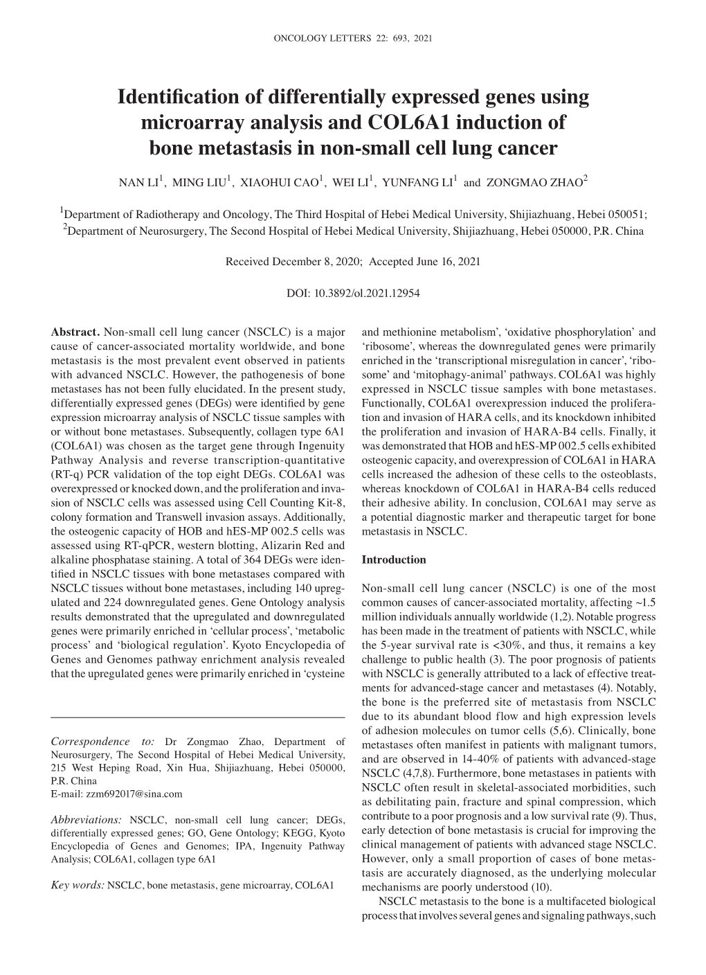 Identification of Differentially Expressed Genes Using Microarray Analysis and COL6A1 Induction of Bone Metastasis in Non‑Small Cell Lung Cancer