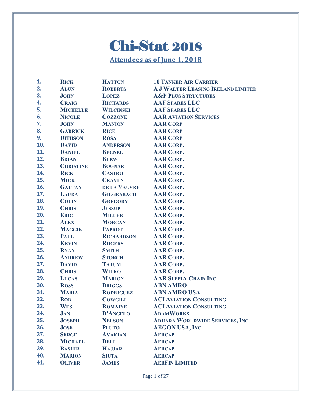 Chi-Stat 2018 Attendees As of June 1, 2018