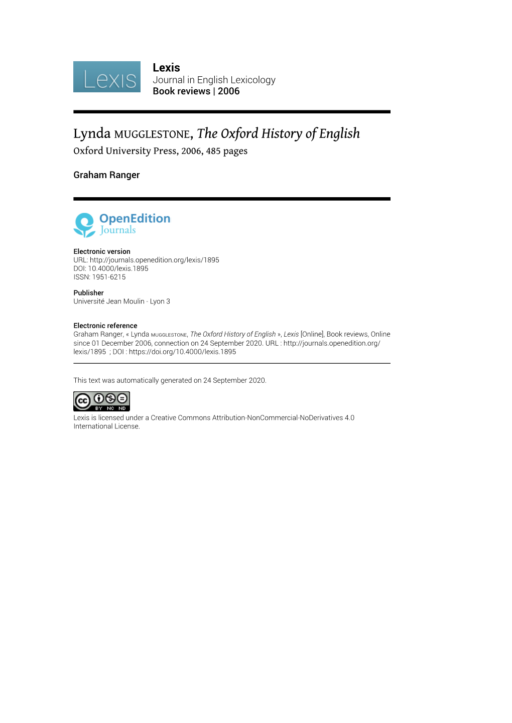 Lexis , Book Reviews Lynda Mugglestone, the Oxford History of English 2