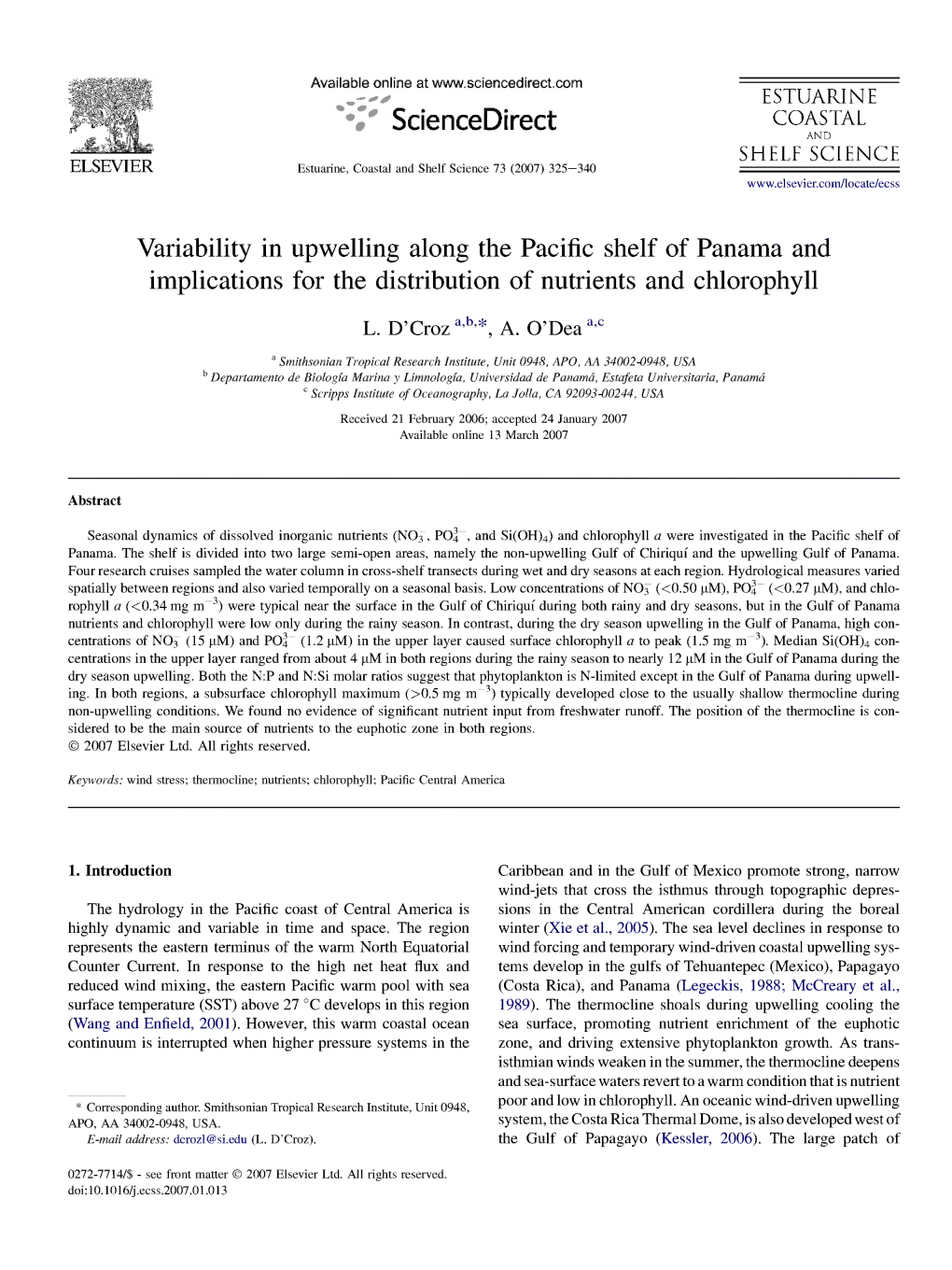 Sciencedirect.Com ESTUARINE COASTAL Sciencedirect and SHELF SCIENCE ELSEVIER Estuarine, Coastal and Shelf Science 73 (2007) 325-340