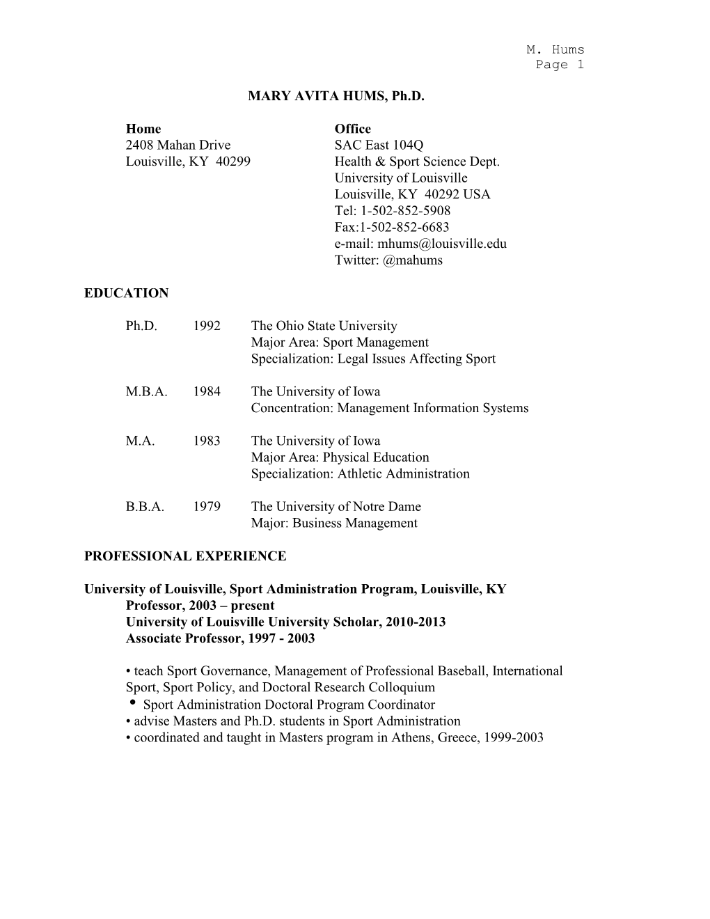 Dr. Hums' Curriculum Vitae [PDF]