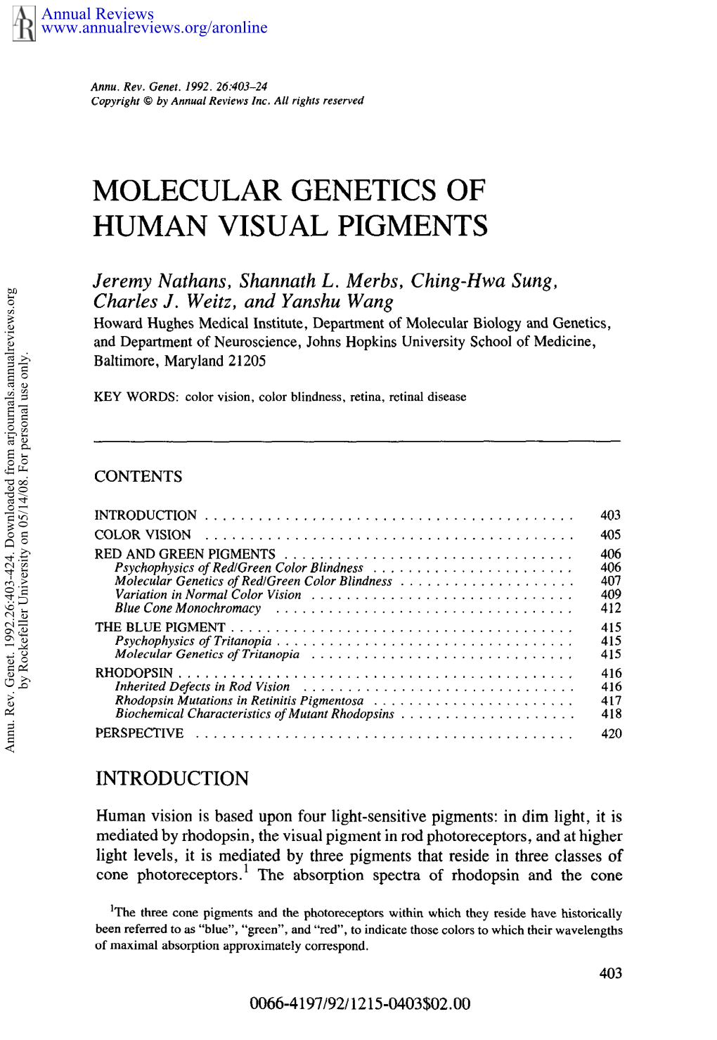 Molecular Genetics of Human Visual Pigments