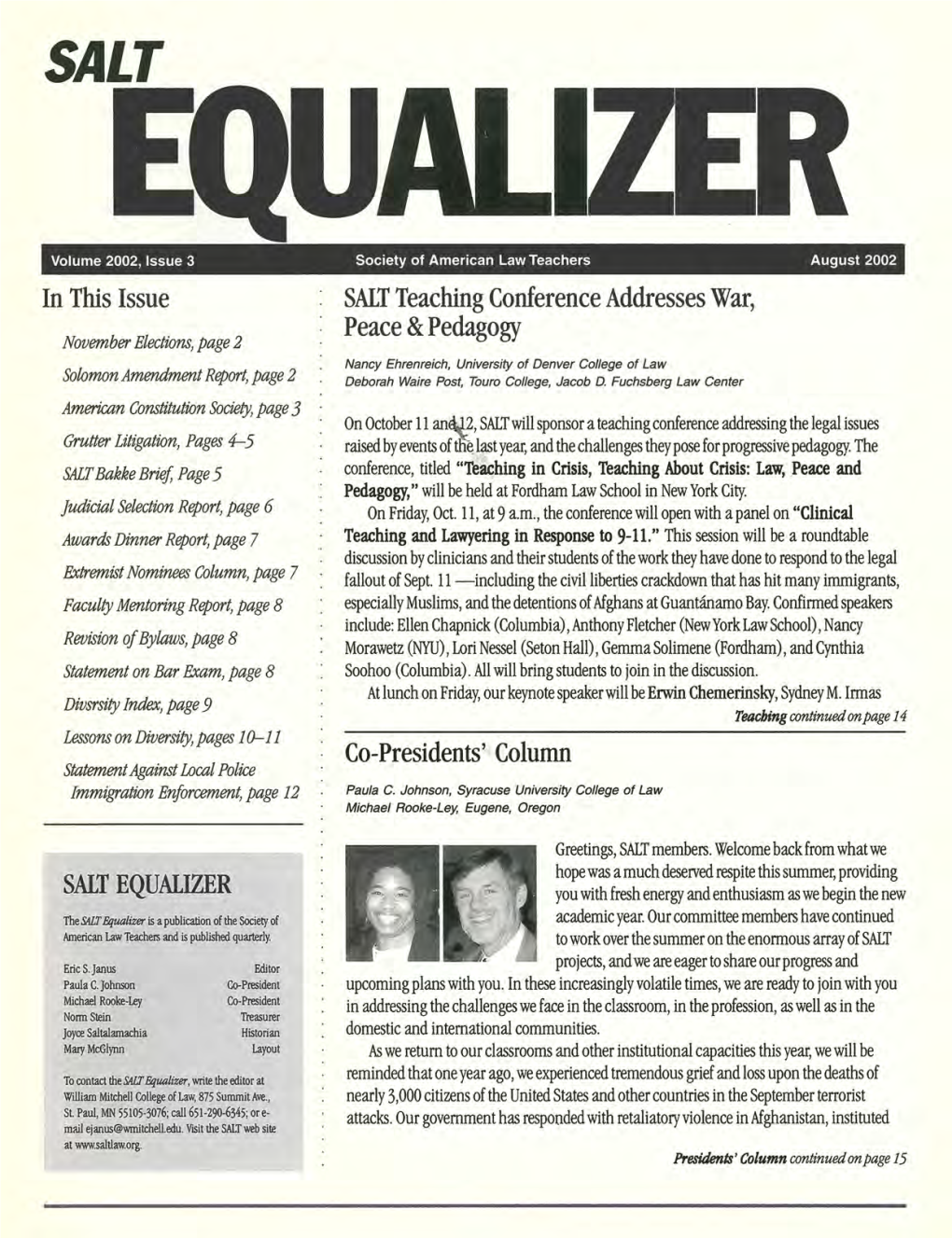 In This Issue SALT EQUALIZER SALT Teaching Conference Addresses