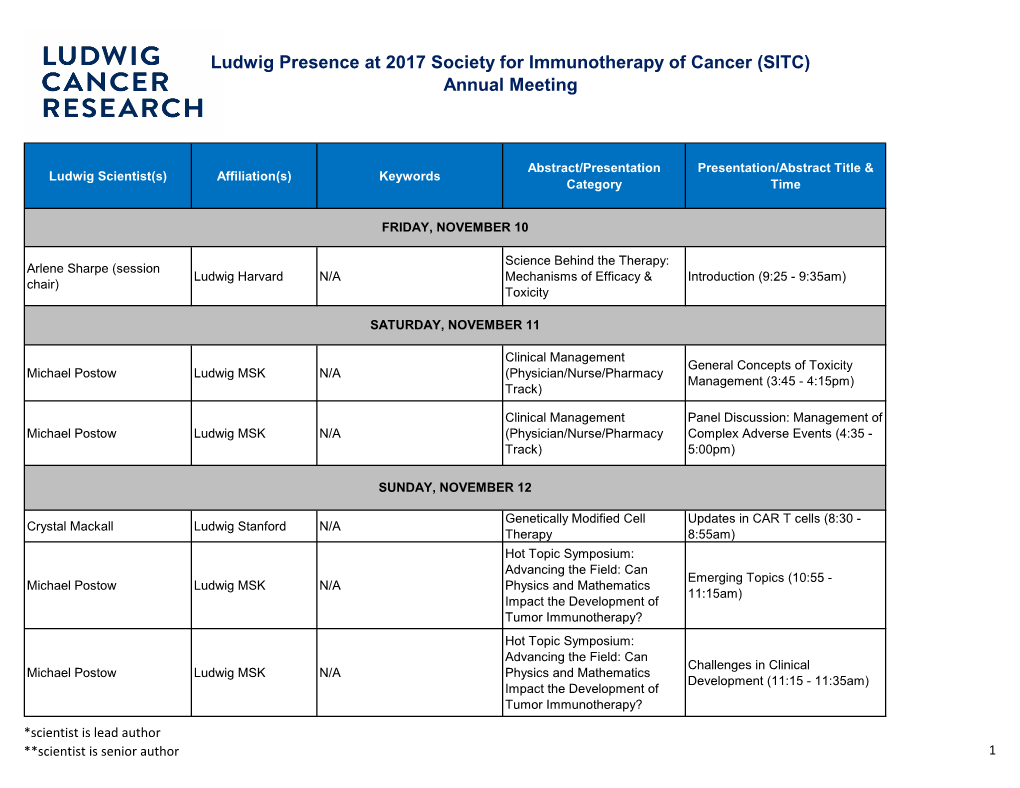 Ludwig Presence at 2017 Society for Immunotherapy of Cancer (SITC) Annual Meeting