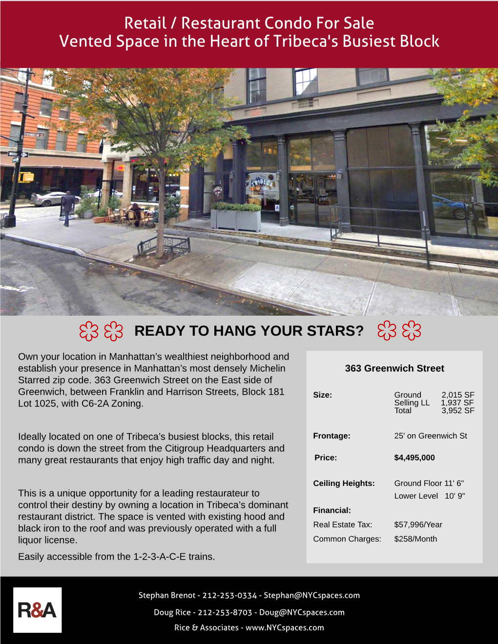 Retail / Restaurant Condo for Sale Vented Space in the Heart of Tribeca's Busiest Block