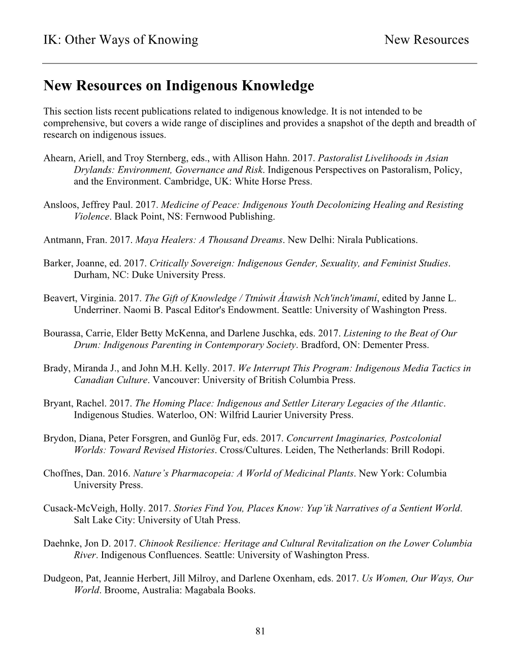 New Resources on Indigenous Knowledge