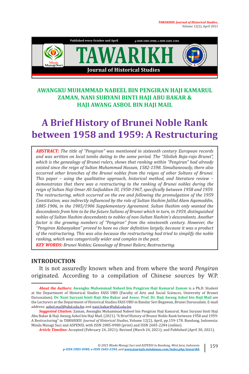 A Brief History of Brunei Noble Rank Between 1958 and 1959: a Restructuring