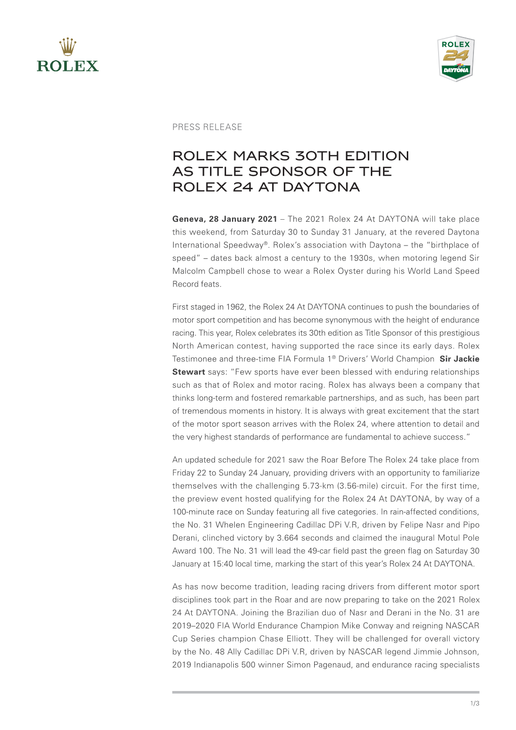 Rolex Marks 30Th Edition As Title Sponsor of the Rolex 24 at Daytona