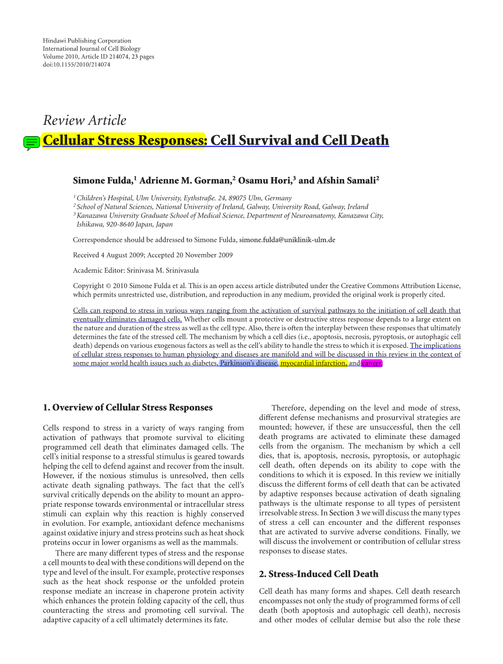 Review Article Cellular Stress Responses: Cell Survival and Cell Death