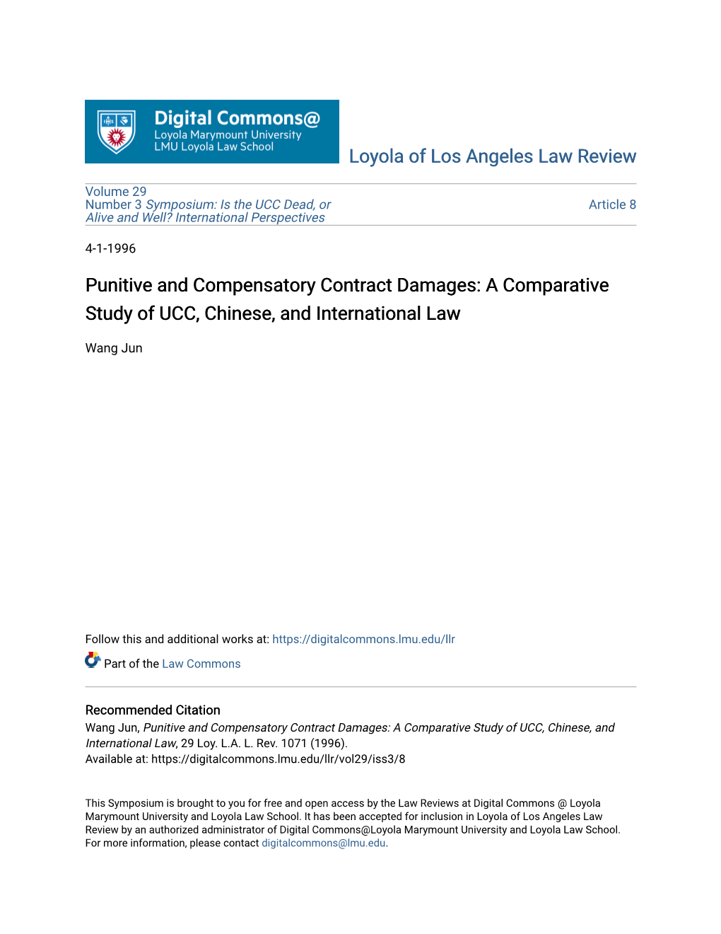 Punitive and Compensatory Contract Damages: a Comparative Study of UCC, Chinese, and International Law