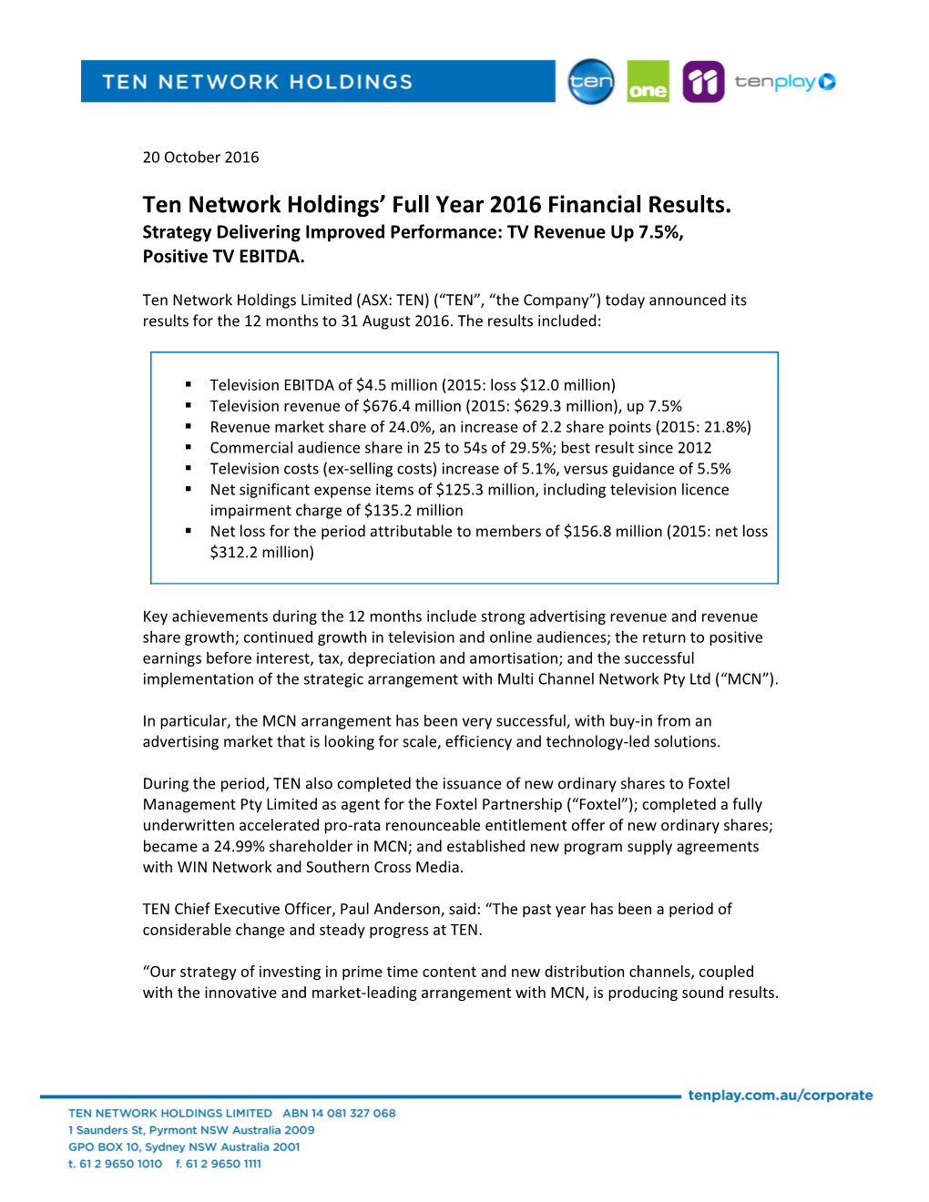 Ten Network Holdings' Full Year 2016 Financial Results